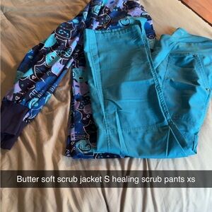 Blue Cat Print Scrub Jacket and Teal Scrub Pants Set